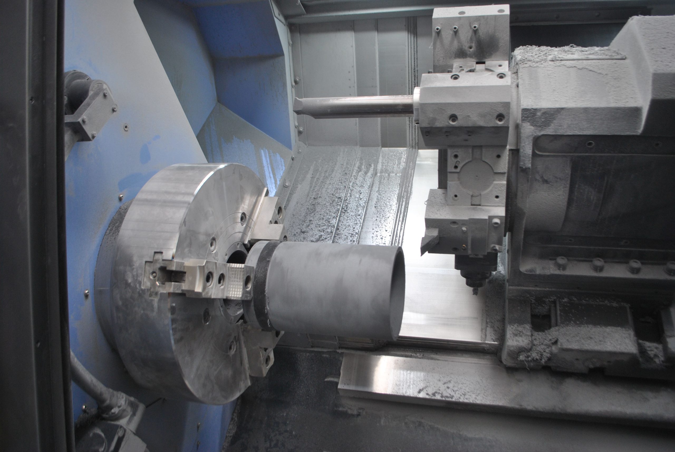 Close up of the interior of a Puma 700LM II large-capacity, multi-tasking lathe at Tufcot Engineering
